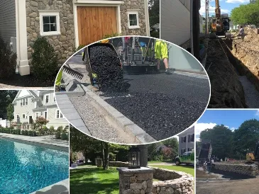 Collage capturing different aspects of site development, from initial excavation to finished landscaping. Each scene contributes to the narrative of transforming an outdoor space.